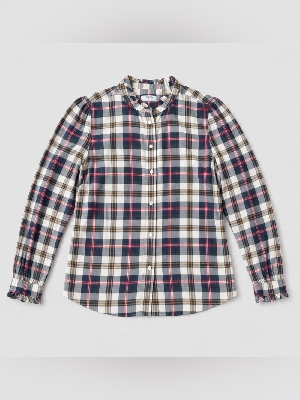 Untucked Cream Navy Burgundy Mustard Plaid Button Down Size 8 EUC